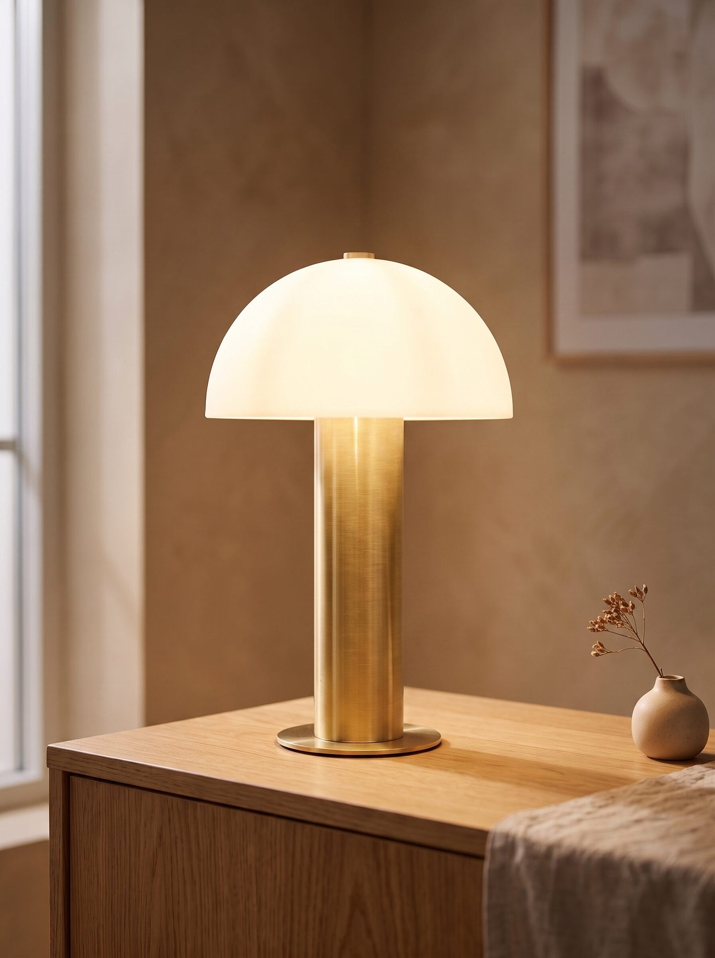 Lámpara de mesa táctil dorada encendida con luz cálida por la noche