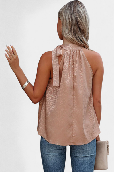 Top Adela sem Mangas Estampa Leopardo Gola Alta Laço Elegante Feminino