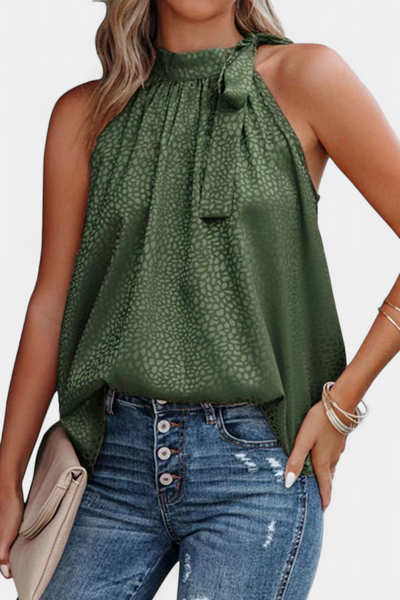 Top Adela sem Mangas Estampa Leopardo Gola Alta Laço Elegante Feminino