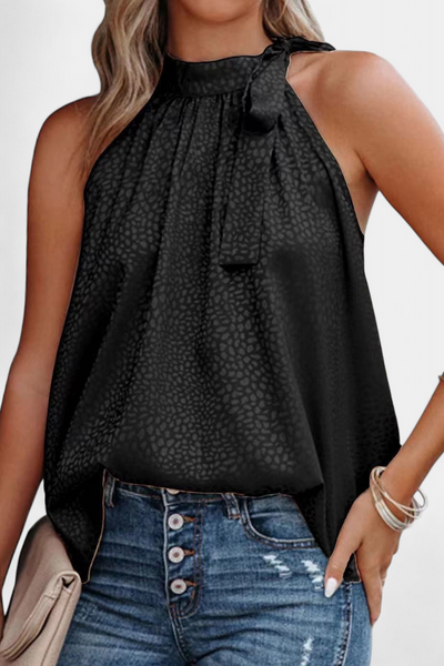 Top Adela sem Mangas Estampa Leopardo Gola Alta Laço Elegante Feminino