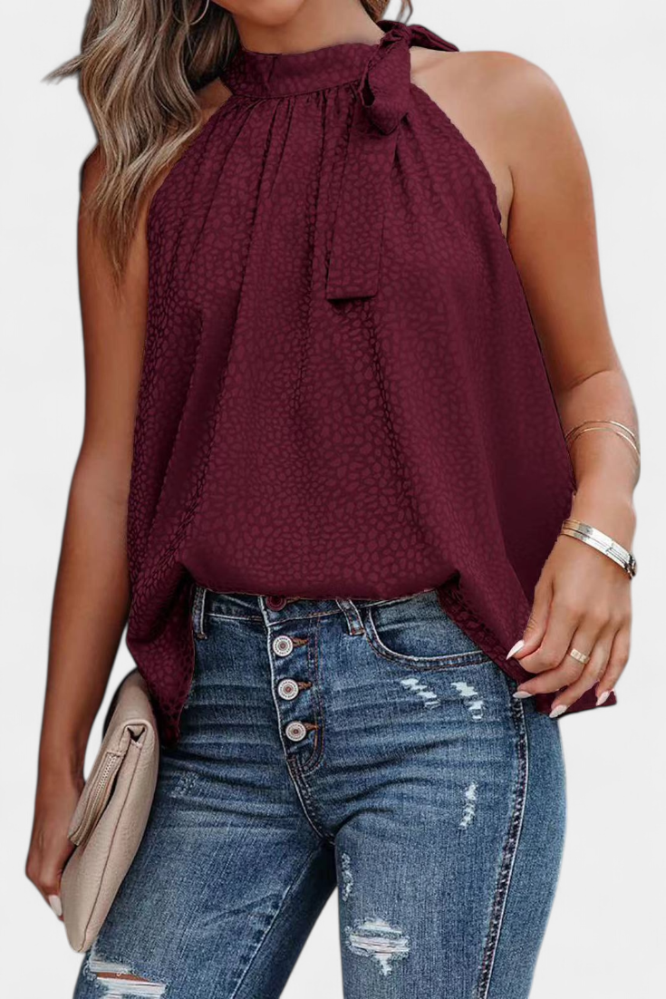 Top Adela sem Mangas Estampa Leopardo Gola Alta Laço Elegante Feminino