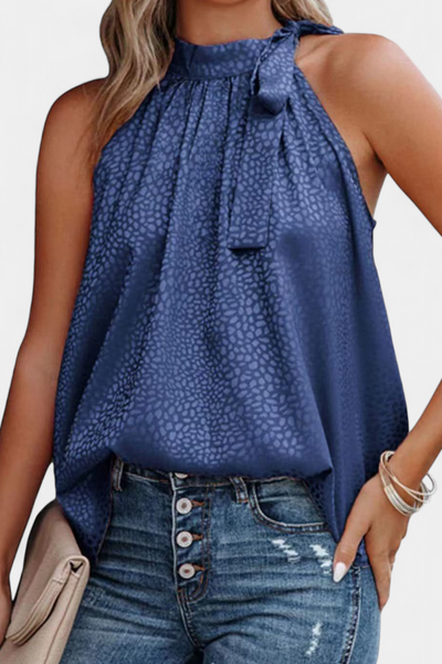 Top Adela sem Mangas Estampa Leopardo Gola Alta Laço Elegante Feminino