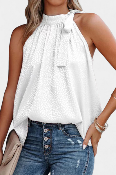 Top Adela sem Mangas Estampa Leopardo Gola Alta Laço Elegante Feminino