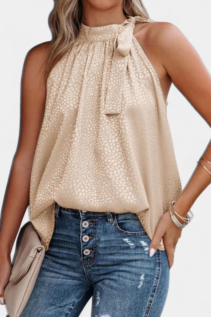 Top Adela sem Mangas Estampa Leopardo Gola Alta Laço Elegante Feminino