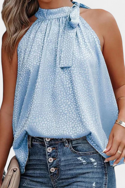 Top Adela sem Mangas Estampa Leopardo Gola Alta Laço Elegante Feminino