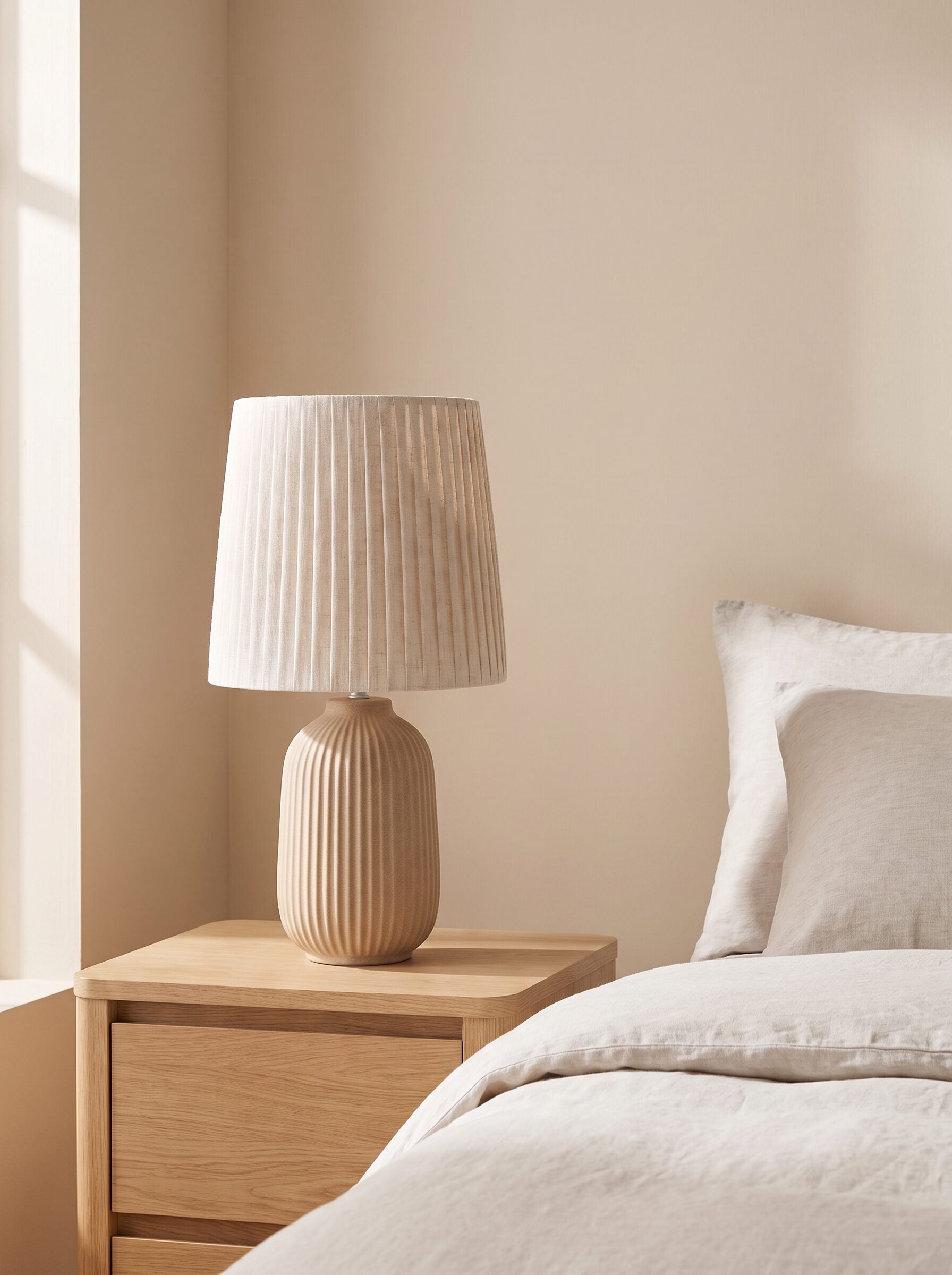 Lámpara de cerámica beige sobre mesita de noche de roble junto a la cama